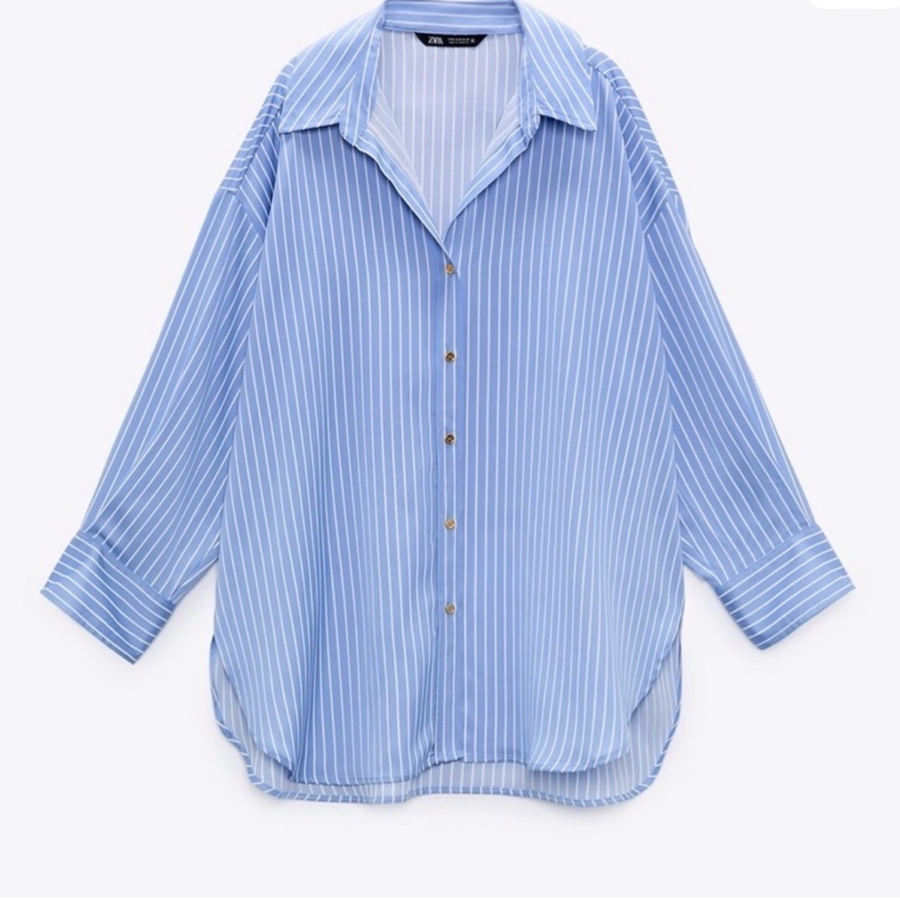 Zara Light Blue Striped Oversized Faux Silk Button Down Shirt